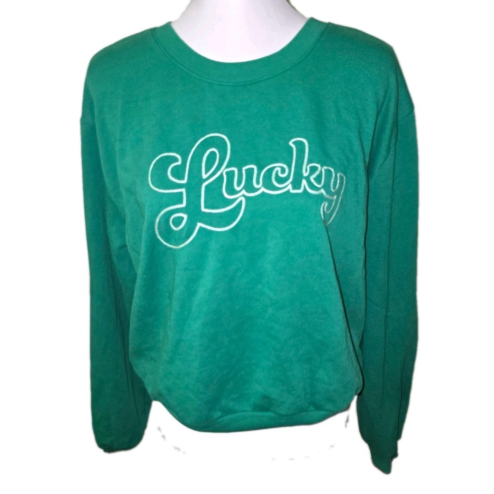 Z Supply Green Lucky Embroidered Fleece Crewneck Sweatshirt Women's  L *read*